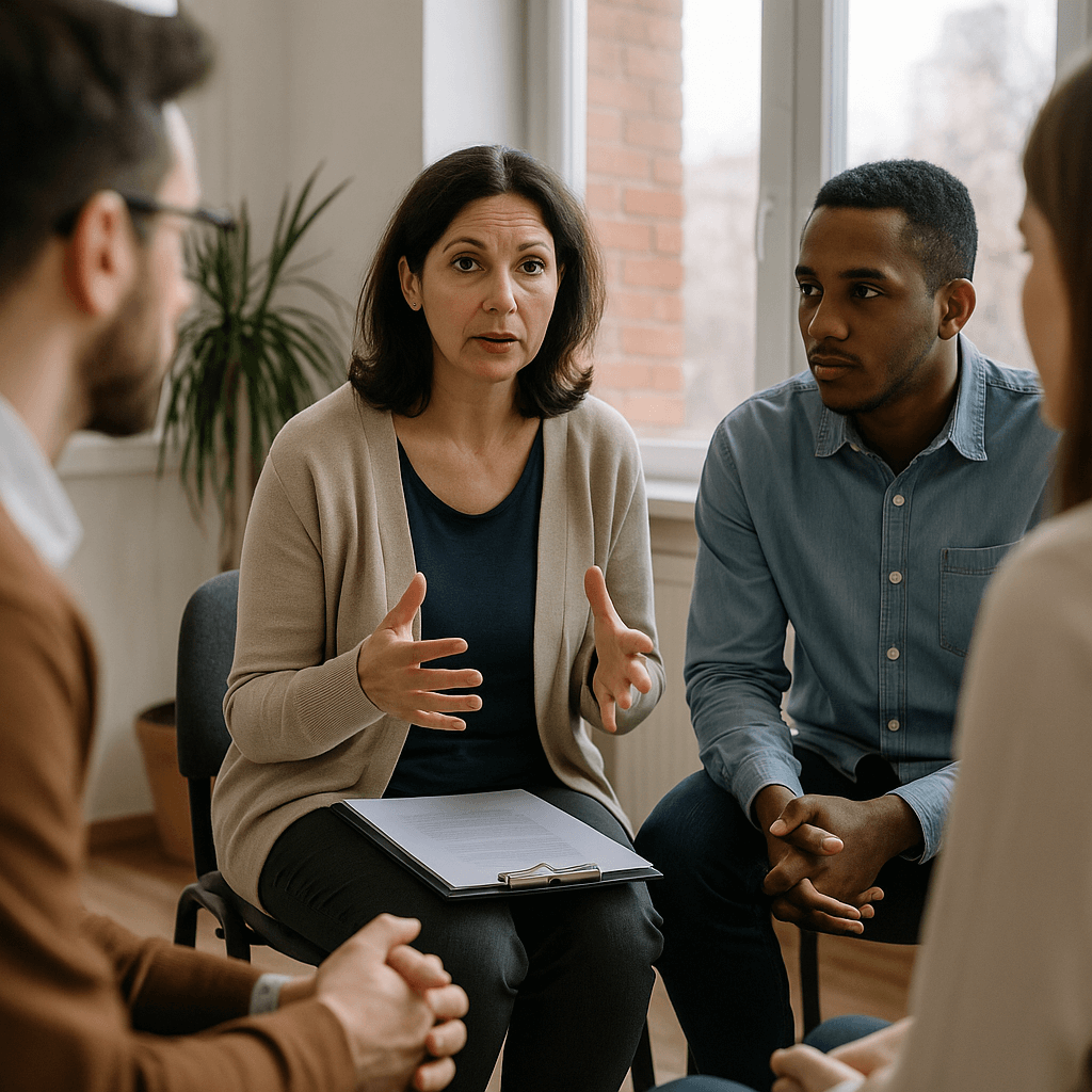 A supportive therapy group session at a modern outpatient recovery center in San Antonio, where people engage in discussion with a counselor in a bright, comfortable room.