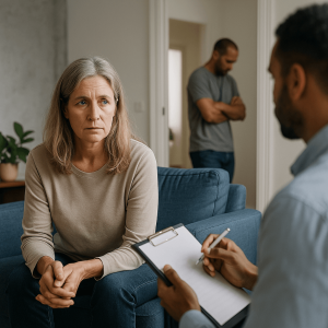 Therapist speaking with a woman during an addiction counseling session at a drug and alcohol rehab center in Austin.