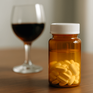 Realistic close-up of a prescription pill bottle next to a glass of red wine, illustrating the risks of mixing Lexapro and alcohol.