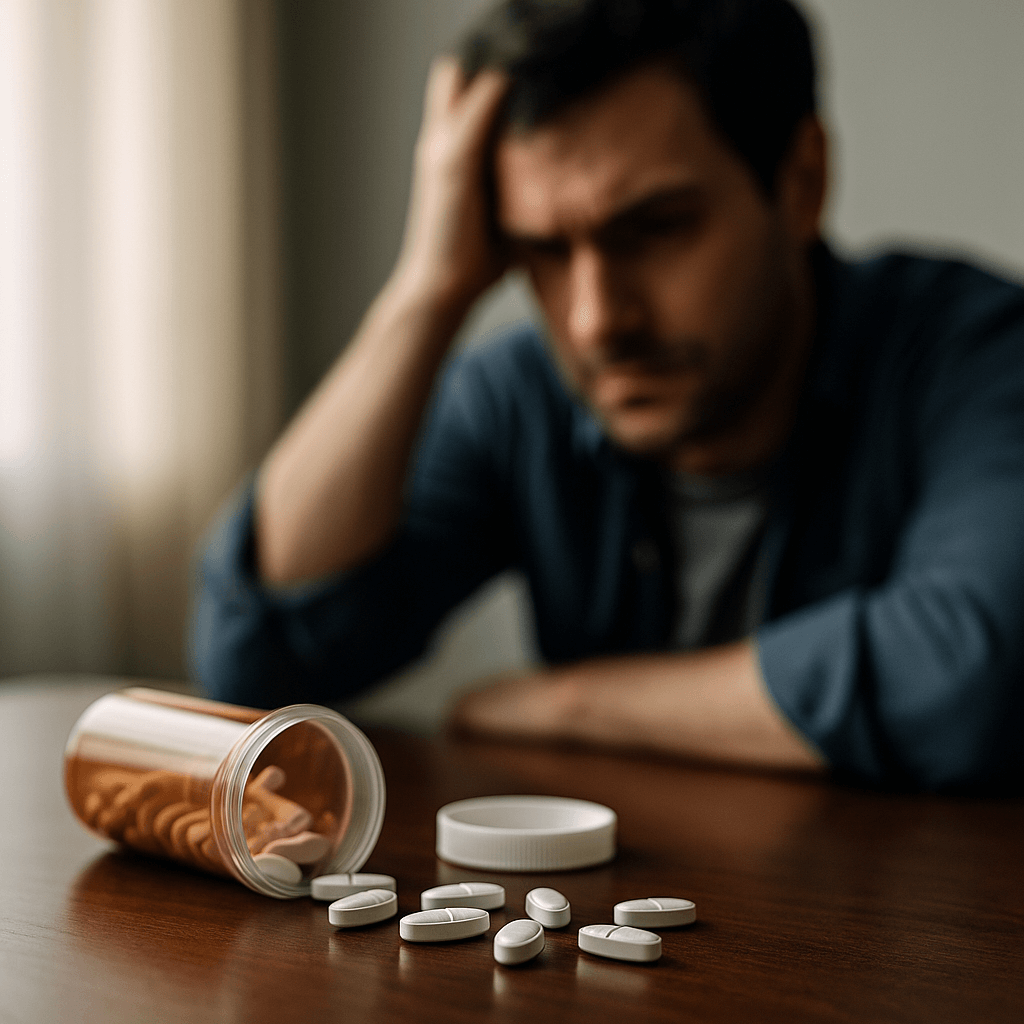 A man struggling with prescription stimulant misuse sits at a table with a spilled pill bottle, symbolizing Concerta abuse and the need for drug rehab in Austin, Texas.