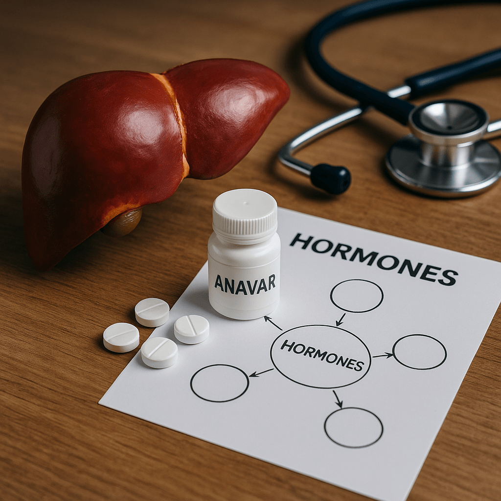Realistic medical still-life showing a torso model with liver and thyroid, prescription pills, and a stethoscope representing long-term Anavar side effects and hormone impact.