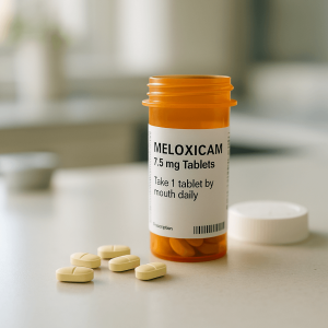 A bottle of prescription meloxicam tablets on a clean medical countertop with soft natural lighting, symbolizing the risks and side effects associated with NSAID use.