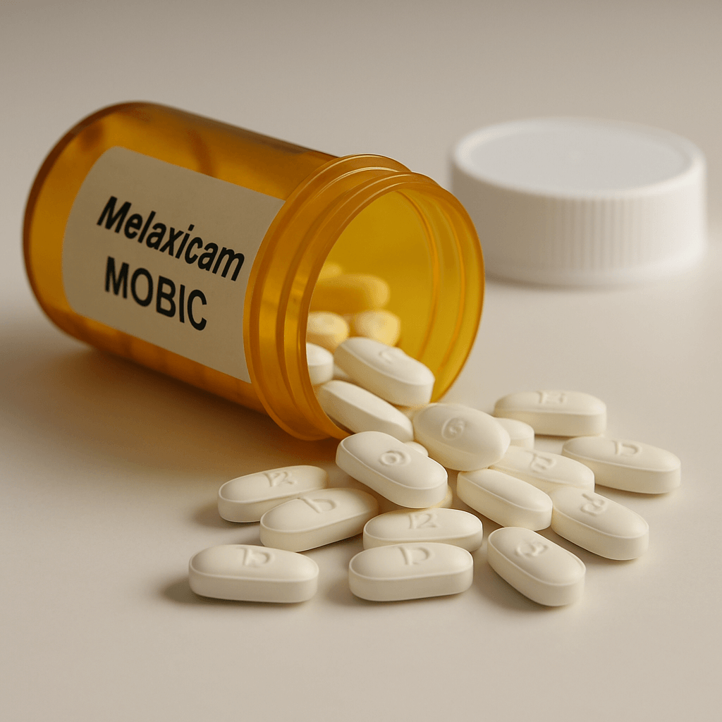 Prescription bottle of meloxicam (Mobic) tablets spilled onto a surface, showing white pain-relief medication for arthritis.