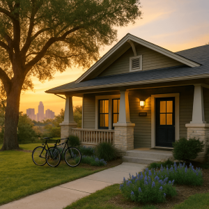 North Austin Craftsman home with bluebonnets and skyline, representing sober living linked to alcohol rehab in Austin, Texas