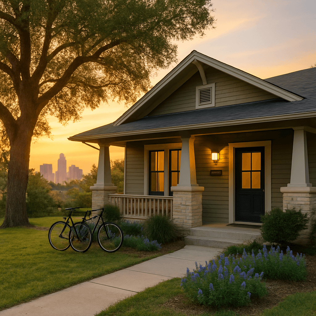 North Austin Craftsman home with bluebonnets and skyline, representing sober living linked to alcohol rehab in Austin, Texas