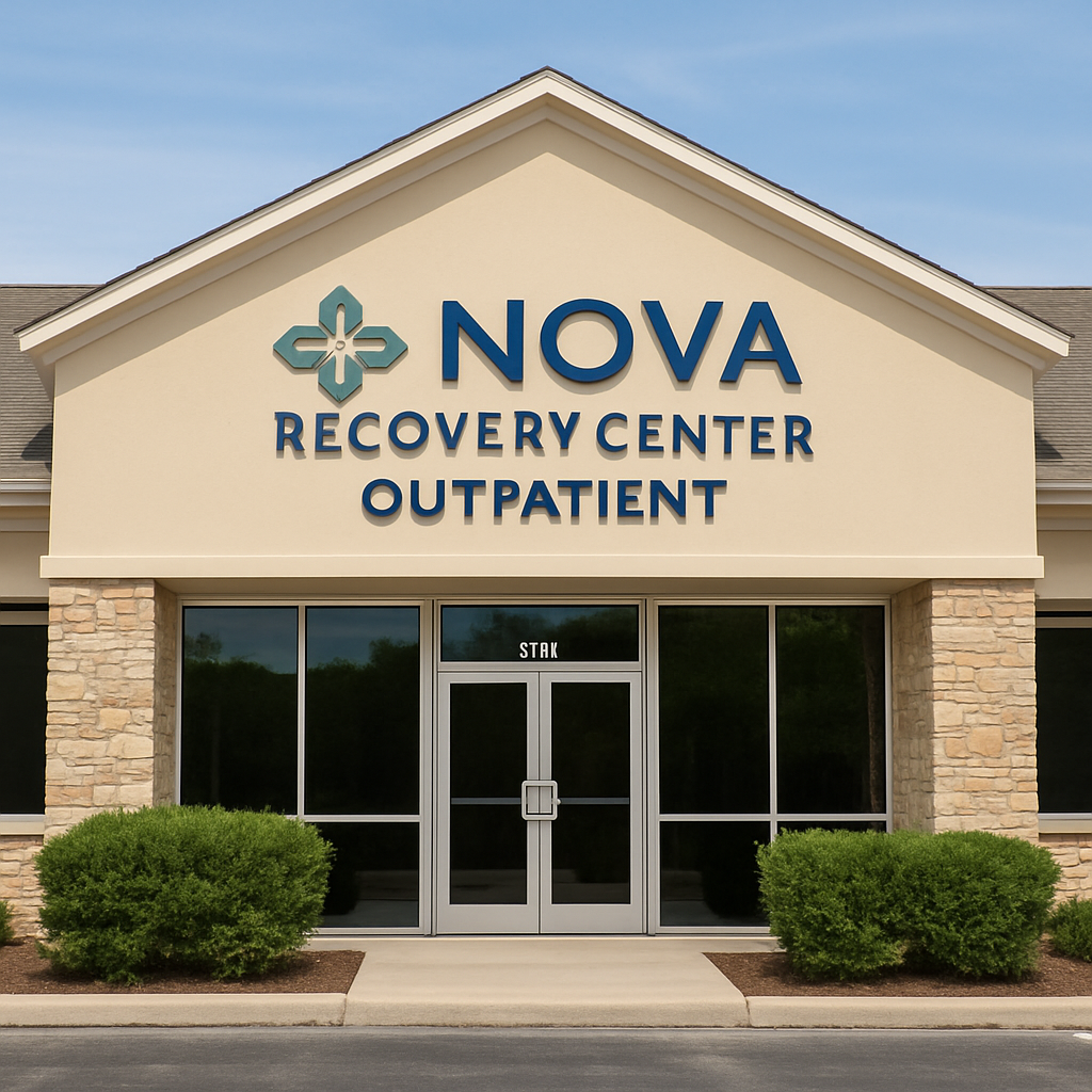 Exterior of Nova Recovery Center in San Antonio, Texas, showing a modern beige outpatient rehab facility under a clear blue sky.
