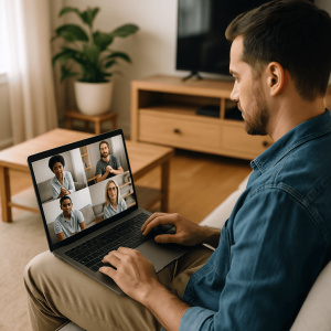 A man participating in a virtual therapy session from home as part of an online IOP program in Texas.