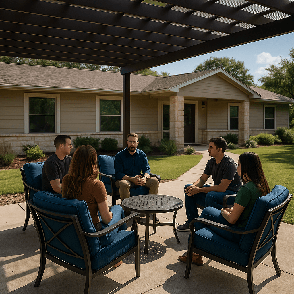 People participating in an outdoor group therapy session at a recovery center in San Antonio, Texas, surrounded by greenery and calm sunlight.