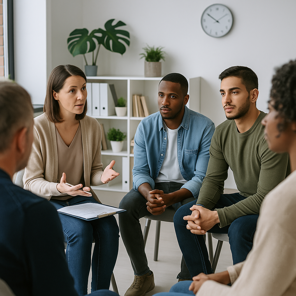 Therapist leading a supportive outpatient group session at a modern rehab facility in San Antonio, Texas.