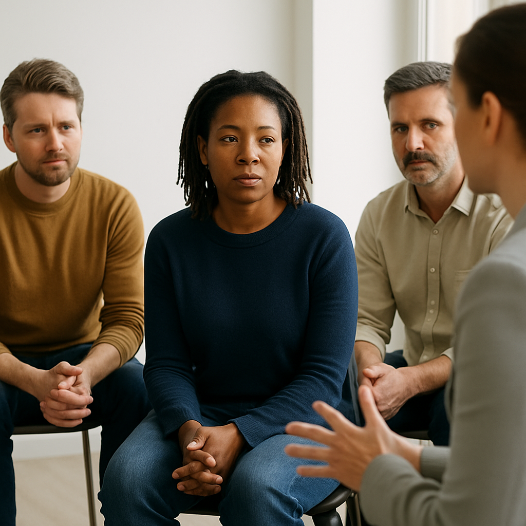 Therapy group session in a calm, modern outpatient rehab setting in San Antonio focused on recovery and support.