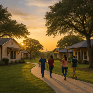 People walking at a residential drug rehab near Austin, Texas, surrounded by oak trees at sunset.