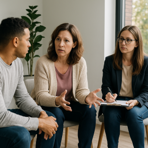 A calm therapy session in a sunlit San Antonio counseling room showing a supportive conversation between a therapist and a client, symbolizing intensive outpatient and partial hospitalization care.