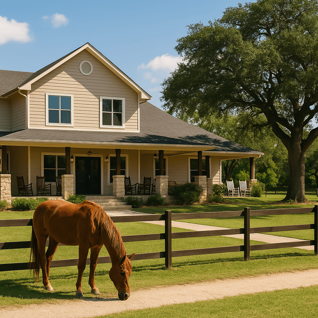 A serene Texas ranch-style drug and alcohol rehab center near Austin with a horse grazing in front of a farmhouse surrounded by oak trees.