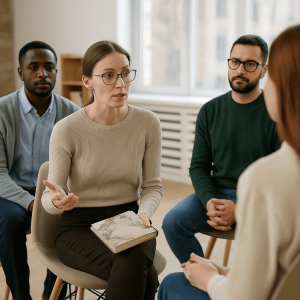 A realistic 4K image of a therapy group session in San Antonio, showing adults engaged in addiction recovery counseling in a bright, professional outpatient setting.