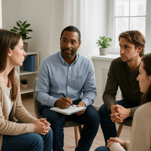 Group therapy session at a prescription drug rehab center in Austin, Texas, with a counselor guiding individuals through recovery discussions.