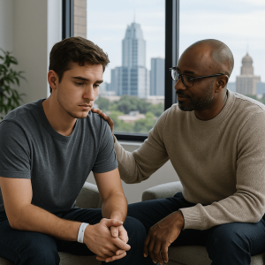 Young man meeting with therapist in a Central Austin clinic, supportive counseling during alcohol detox.