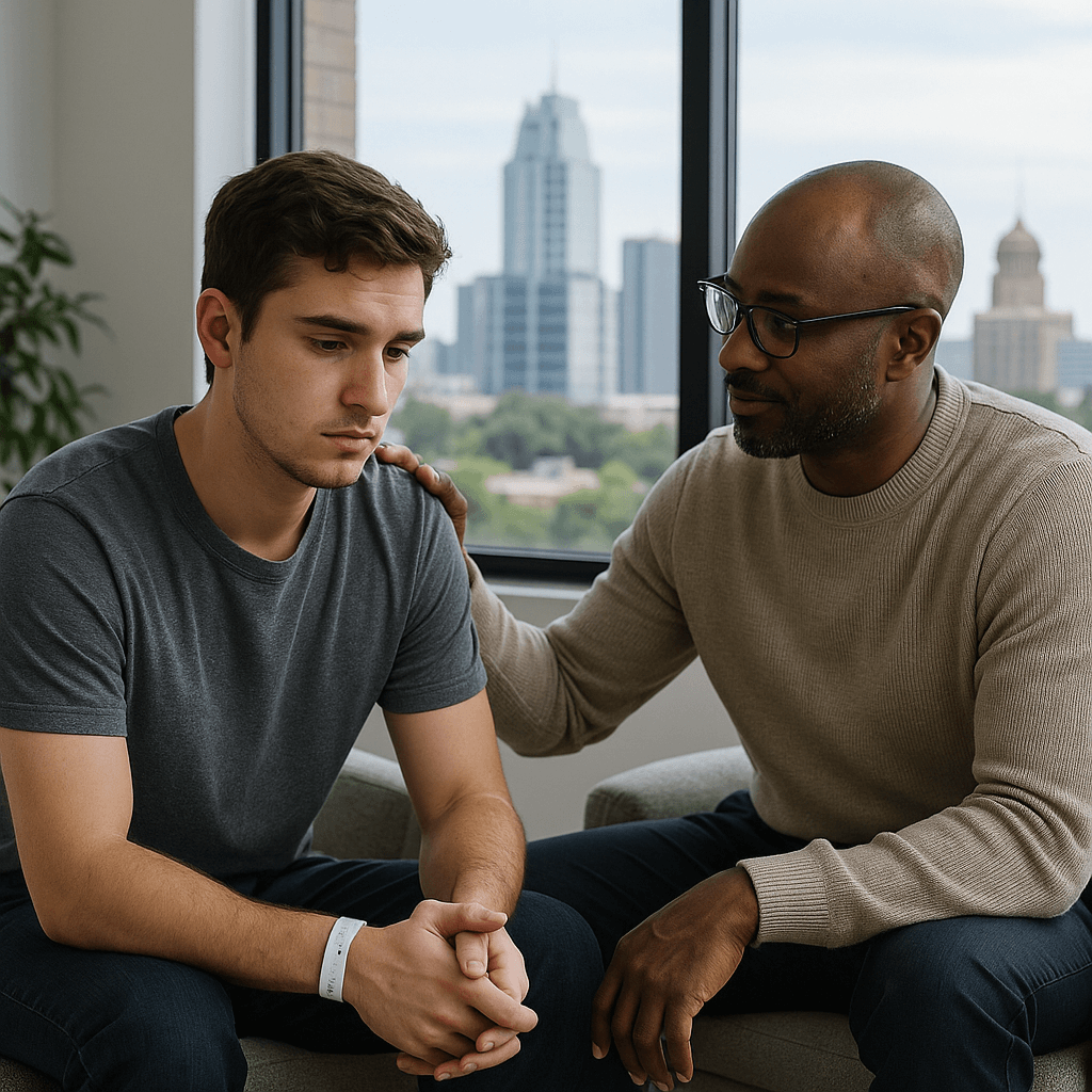 Young man meeting with therapist in a Central Austin clinic, supportive counseling during alcohol detox.