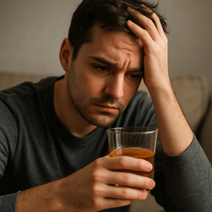 A young man sitting alone holding a glass of alcohol with a distressed expression, symbolizing the struggle of OCD and using alcohol to self-medicate.