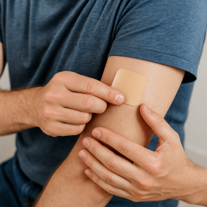 Person applying a nicotine replacement therapy patch to their upper arm, illustrating how quitting smoking patches support a smoke-free recovery.