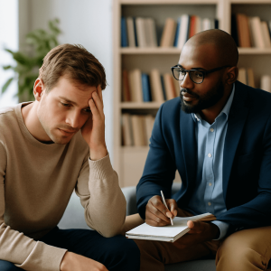 A realistic scene of a counseling session between a client and therapist, representing the individualized substance abuse treatment plan process from detox to inpatient rehab.