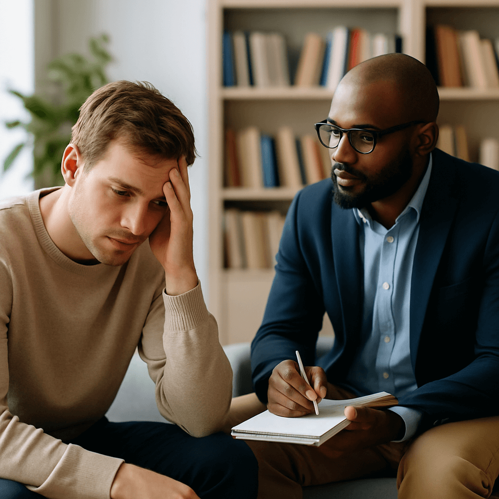 A realistic scene of a counseling session between a client and therapist, representing the individualized substance abuse treatment plan process from detox to inpatient rehab.
