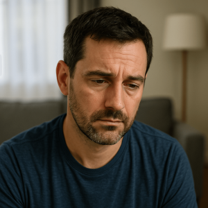 A man in early sobriety sitting in a quiet living room, reflecting on day 10 with no alcohol and experiencing emotional withdrawal.