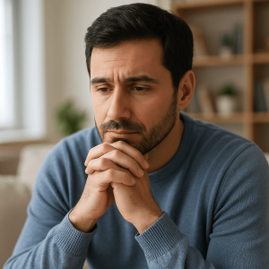 Man reflecting quietly at home, symbolizing emotional sobriety and emotional stability in addiction recovery.