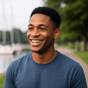 Smiling young man outdoors enjoying clear thinking and positive energy after experiencing the benefits of quitting marijuana.