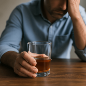 A man sitting at a table holding a glass of alcohol, looking distressed, illustrating early signs of alcohol addiction and the progression toward dependence.