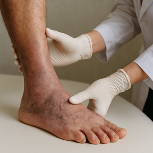 Close-up medical exam of a discolored foot showing symptoms of alcoholic neuropathy and nerve pain from alcohol, evaluated by a clinician wearing gloves.