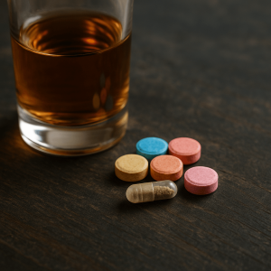 A glass of alcohol beside colorful tablets resembling MDMA on a dark wooden surface, illustrating the dangers of mixing Molly and alcohol.
