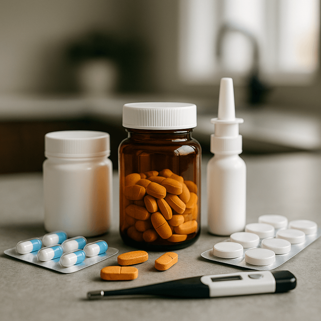A neatly arranged set of over-the-counter medicines, vitamins, and supplements on a countertop, representing common items people consider for alcohol withdrawal support.
