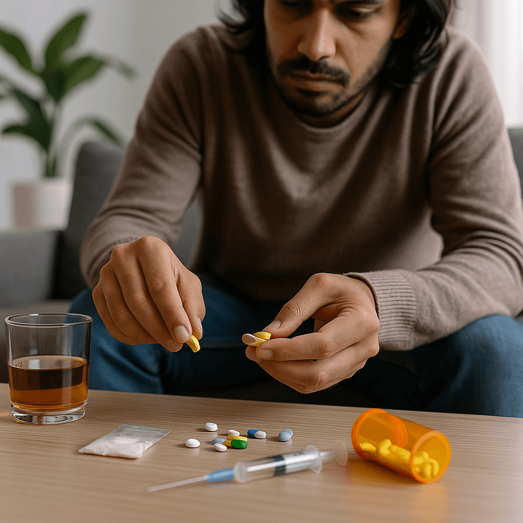 A person sitting at a table with multiple substances, pills, and a syringe, representing polysubstance addiction and the mental health risks of mixing poly drugs.