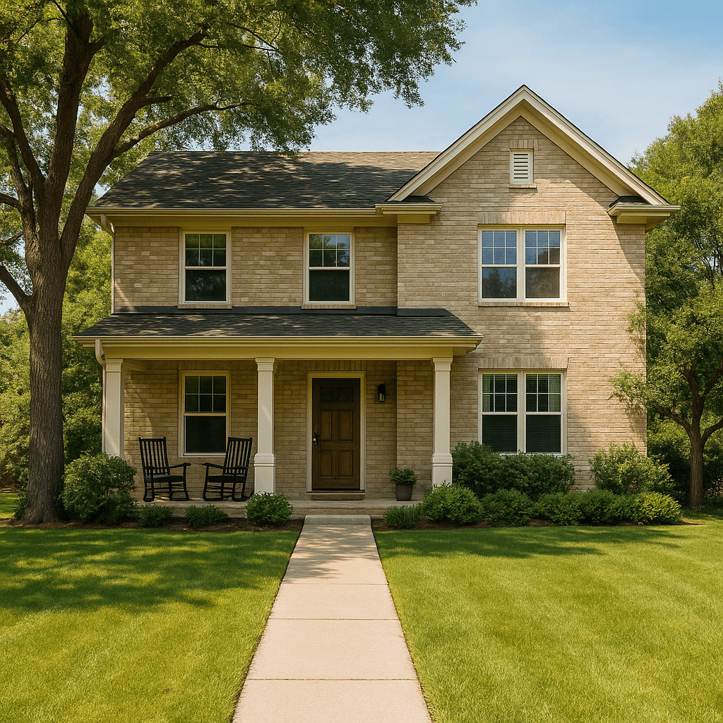 A peaceful, well-kept residential home surrounded by trees and green landscaping, representing a calm and supportive sober living environment.