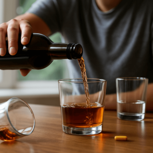 A person pouring liquor into a glass on a table, illustrating the struggle of tapering off alcohol and the risk of alcohol withdrawal.