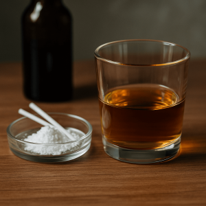 A glass of alcohol beside a dish of white powder on a wooden surface, symbolizing the risks of mixing ketamine and alcohol.