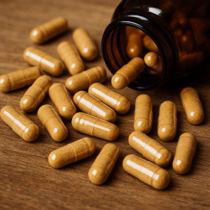 Close-up of thiamine (vitamin B1) supplement capsules spilling from an amber bottle, representing medical support for alcohol withdrawal and thiamine deficiency recovery.