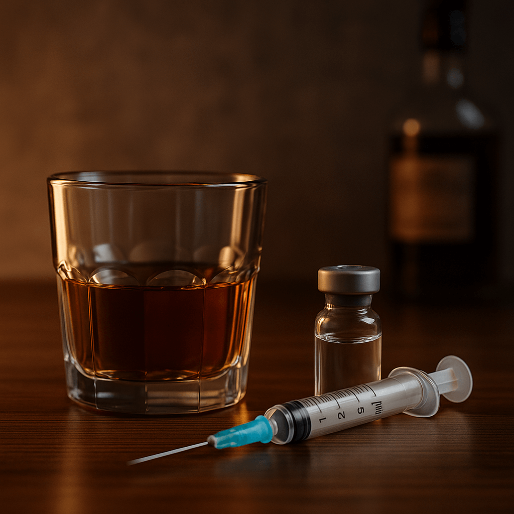 Realistic close-up image of a glass of alcohol beside a medical syringe and vial, symbolizing the risks of drinking on Vivitrol and how the medication interacts with alcohol use.