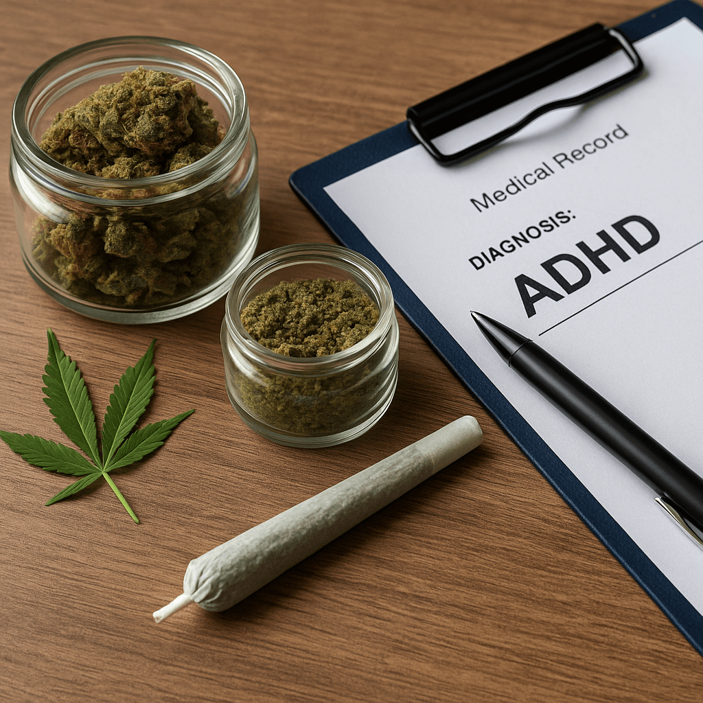 Close-up image of cannabis jars, a rolled joint, and an ADHD diagnosis form on a desk, representing the connection between weed and ADHD symptoms.