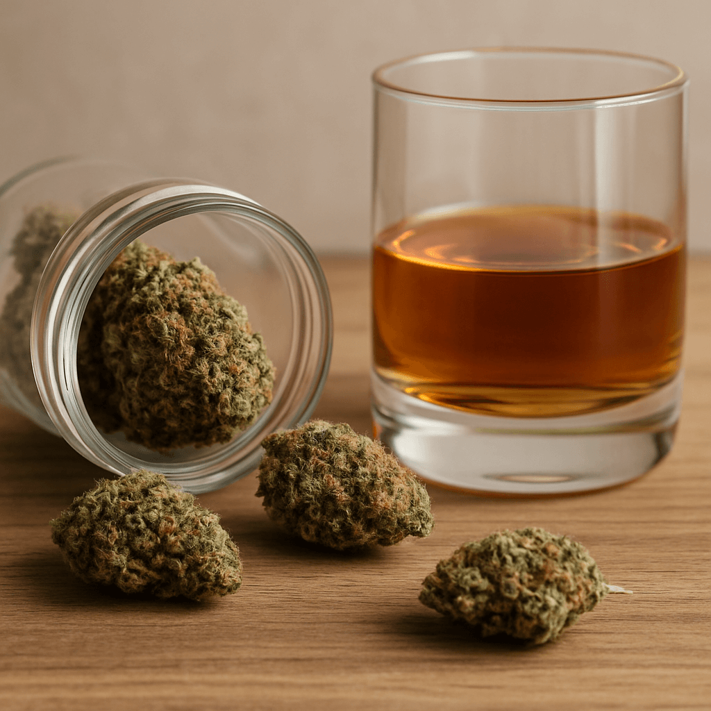 Close-up image showing cannabis buds beside a glass of alcohol, illustrating the comparison of weed or alcohol and their impact on mental health and addiction.