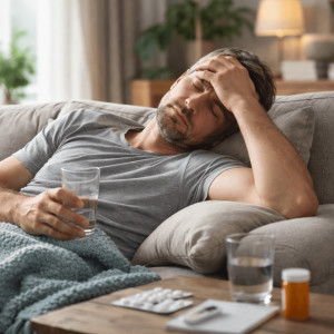 Man resting on a couch while experiencing alcohol fatigue syndrome and post-alcohol exhaustion after quitting drinking.