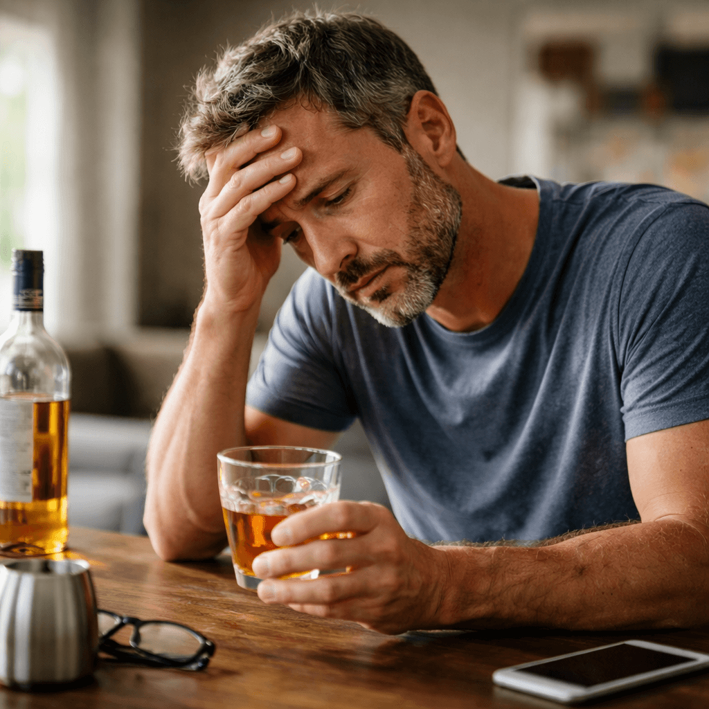 Man experiencing alcohol shakes with trembling hands while sitting at a table after drinking, illustrating alcohol withdrawal symptoms.