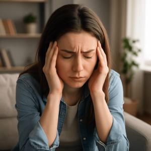Woman experiencing intense overthinking and anxiety, illustrating the emotional strain often linked to rumination disorder and substance use.