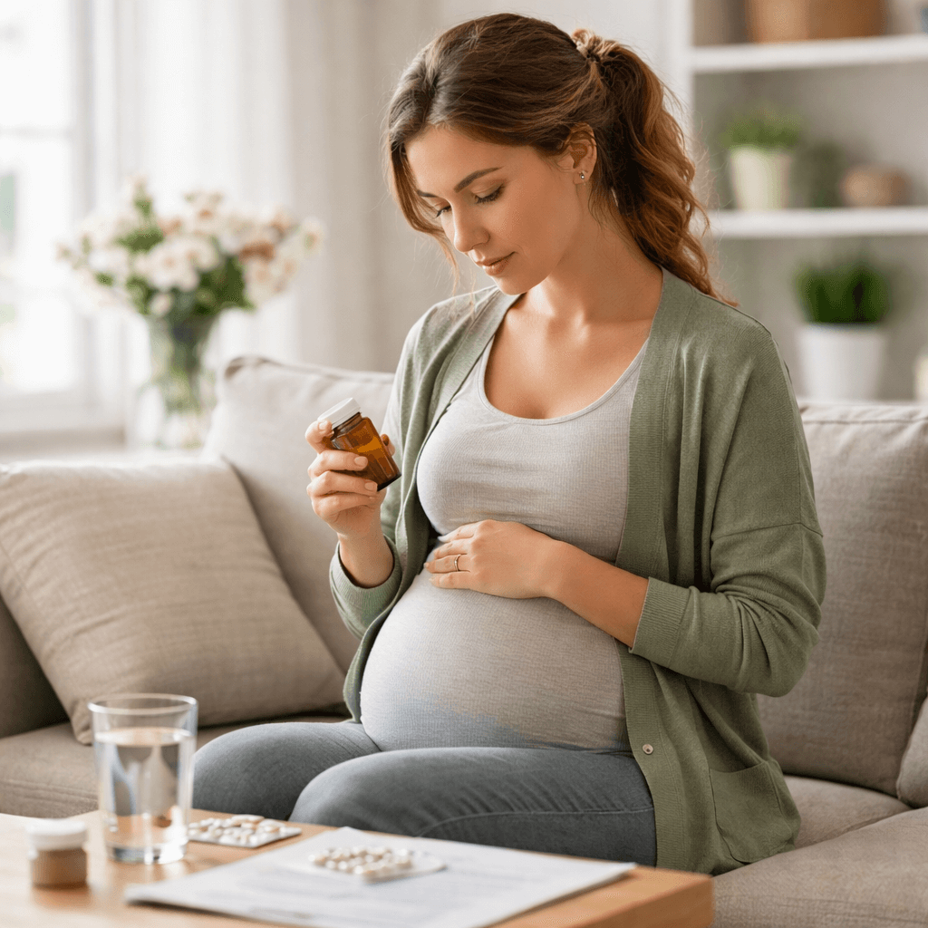 Pregnant woman calmly reviewing her buspirone prescription while seated at home, representing careful anxiety management during pregnancy.