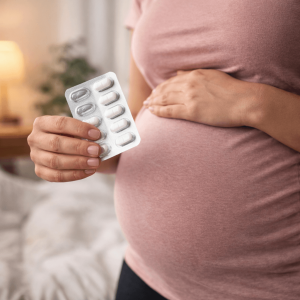 Pregnant woman holding prescription medication, illustrating pregnancy category D medication risk and decision-making during pregnancy.