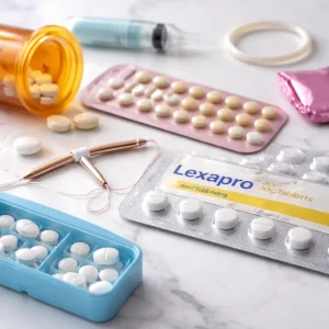 Lexapro medication shown alongside common birth control methods, illustrating questions about whether Lexapro affects birth control effectiveness, fertility, and pregnancy safety.