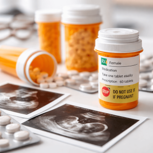 Prescription medication bottles next to ultrasound images highlighting pregnancy category X drug risks and medication safety during pregnancy.