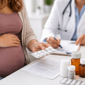 Pregnant woman reviewing pregnancy medication categories with a healthcare provider while holding prescription pills