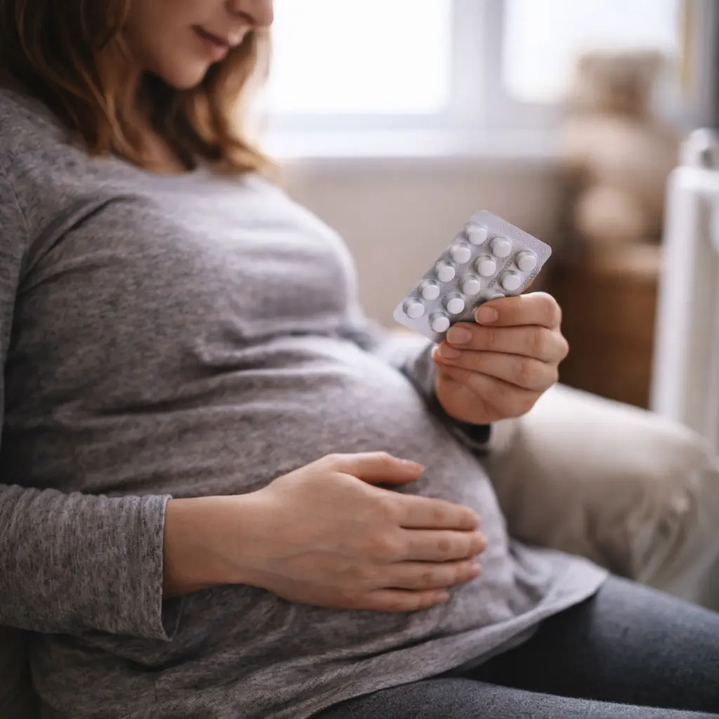 Pregnant woman holding antidepressant medication while considering SSRI safety during pregnancy