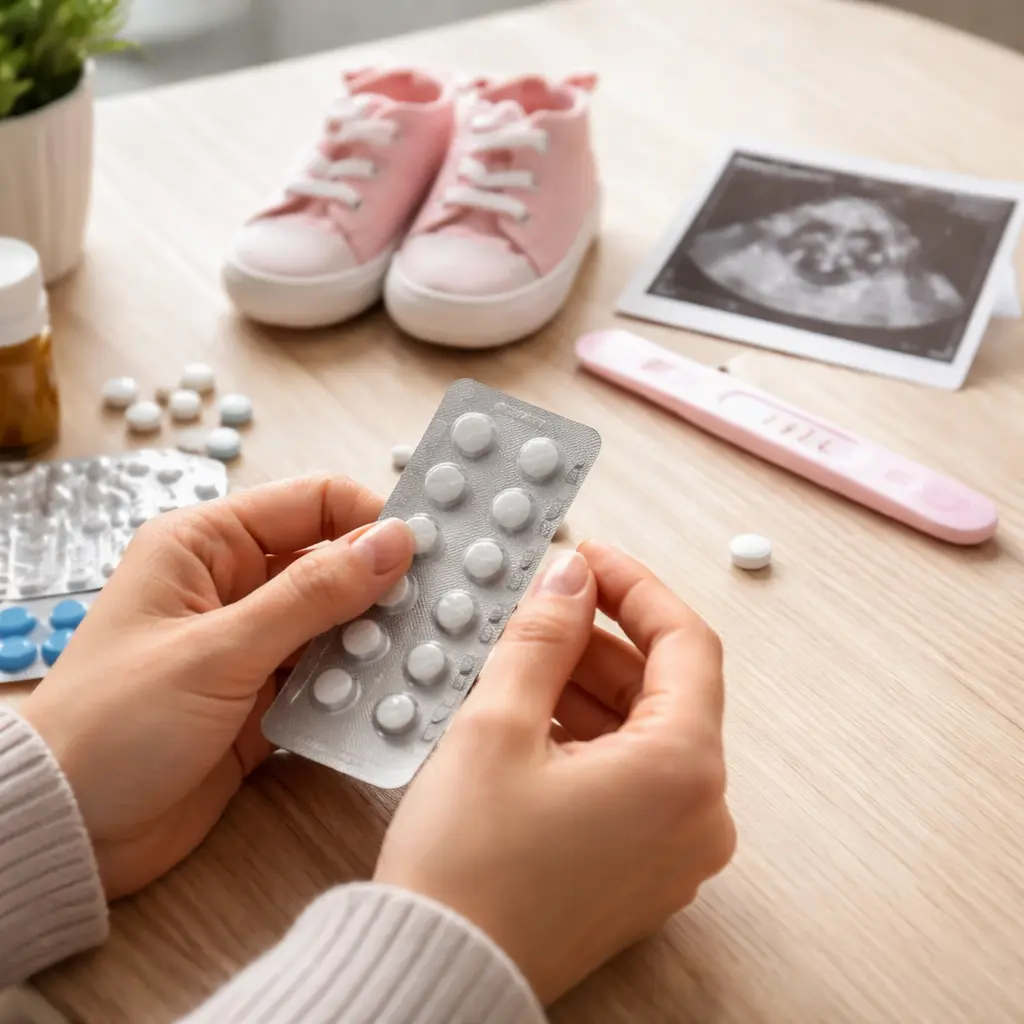 Hands holding a Lexapro blister pack next to a positive pregnancy test, baby shoes, and birth control pills, illustrating concerns about fertility and pregnancy while taking escitalopram.